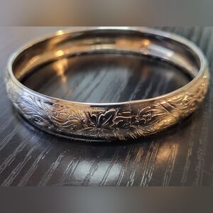 Silver Tone Etched Engraved Flower Hollow Bangle Bracelet
